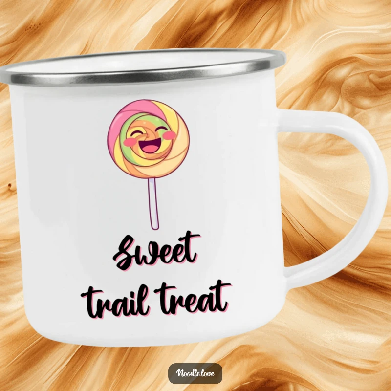 Funny Laughing Lollipop Camping Mug: A happy lollipop dances on its stick, durable and funny gift for outdoor fun.