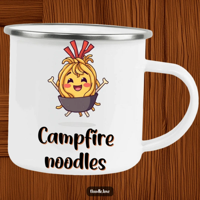 Funny Camping Mug: A joyful fried noodle character bouncing with delight, perfect for outdoor food enthusiasts.