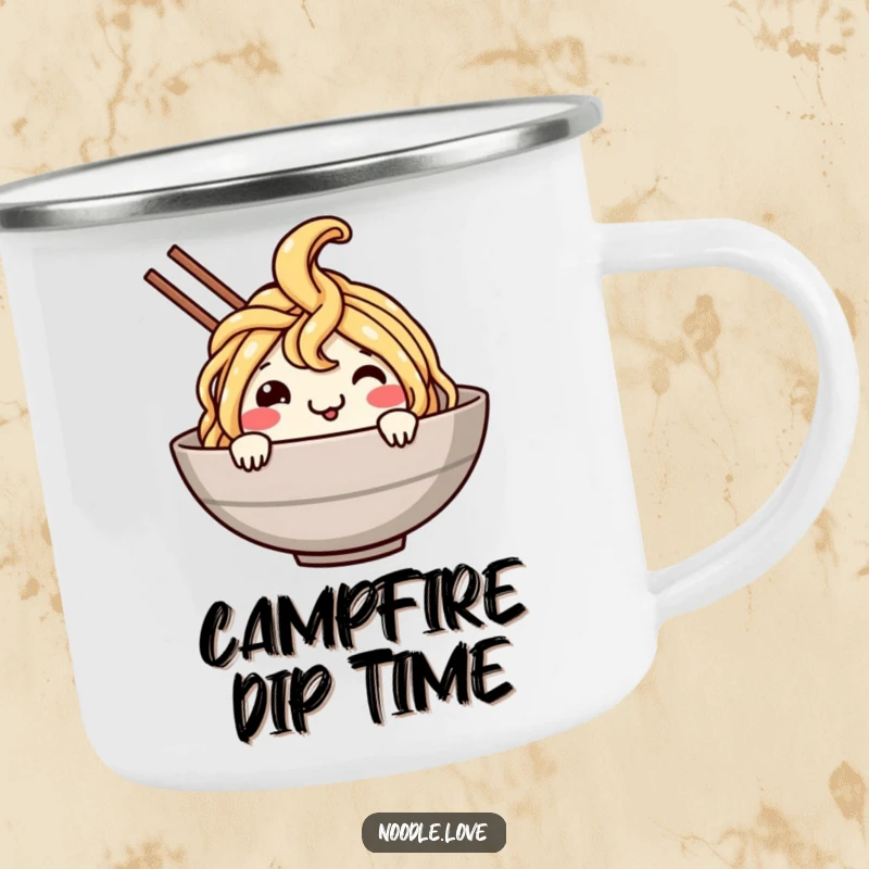 Funny Noodle Dive Camping Mug: Smiling noodle character cheerfully dives into a bowl, durable and fun for outdoor dining.