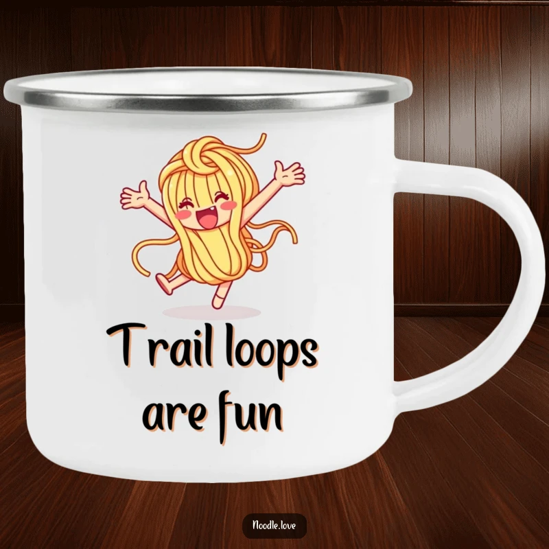Funny Noodle Character Loop-de-Loop Camping Mug - Sturdy mug with a playful pasta design, ideal for adventures, funny gift.