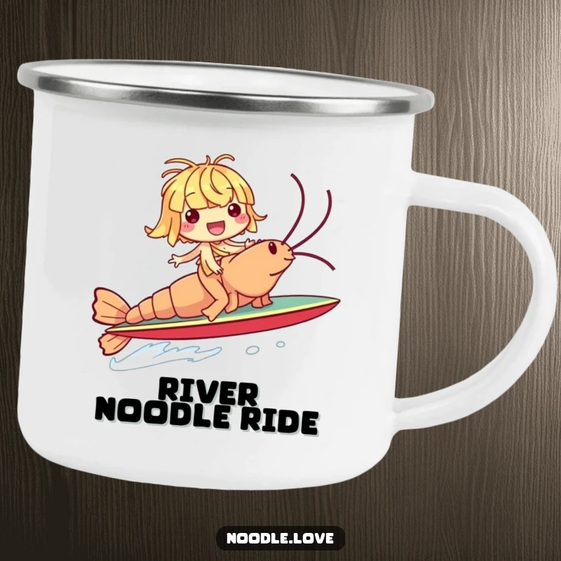 Funny camping mug with a giggling noodle character riding a giant shrimp like a surfboard, perfect for outdoor enjoyment and humor.