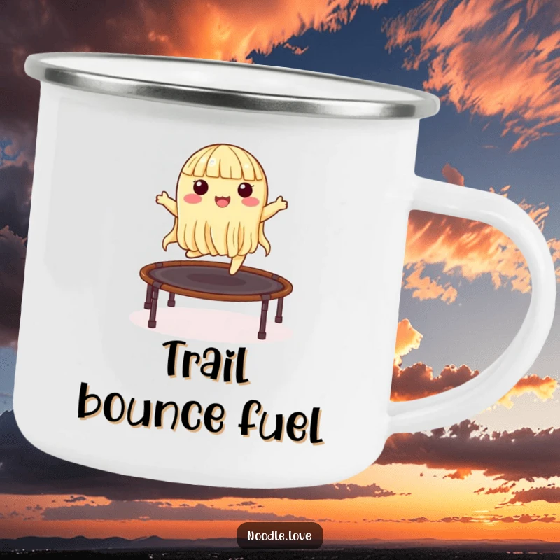 Funny camping mug featuring a noodle character joyfully bouncing on a nori trampoline, perfect for outdoor enthusiasts and humor lovers.