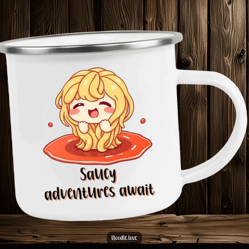 Funny camping mug illustration of a cheerful noodle character giggling while splashing enthusiastically in a wide puddle of sauce.