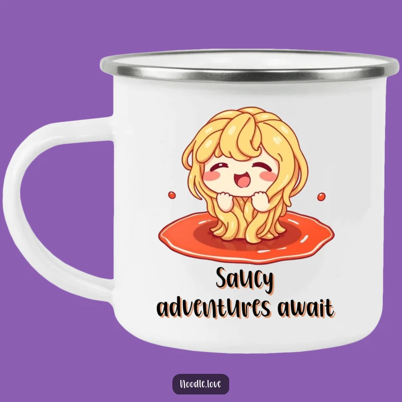 Funny Noodles Camping Mug: Giggling in Sauce Puddle, Outdoor Hilarious Gift