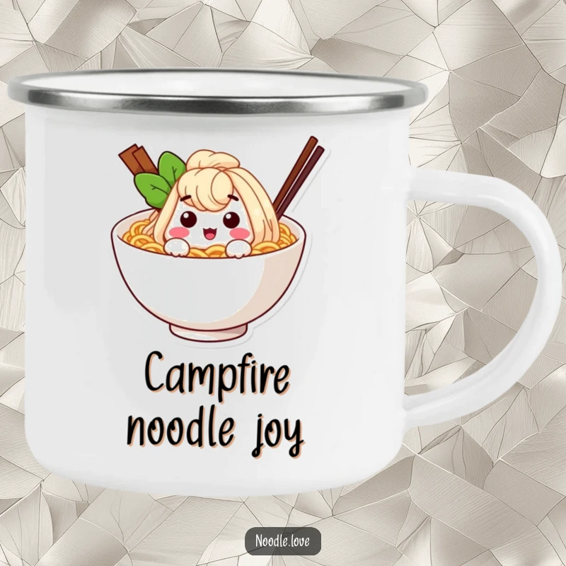 Funny ramen noodle character winking from inside a cozy bowl, a rugged and humorous enamel mug for camping.