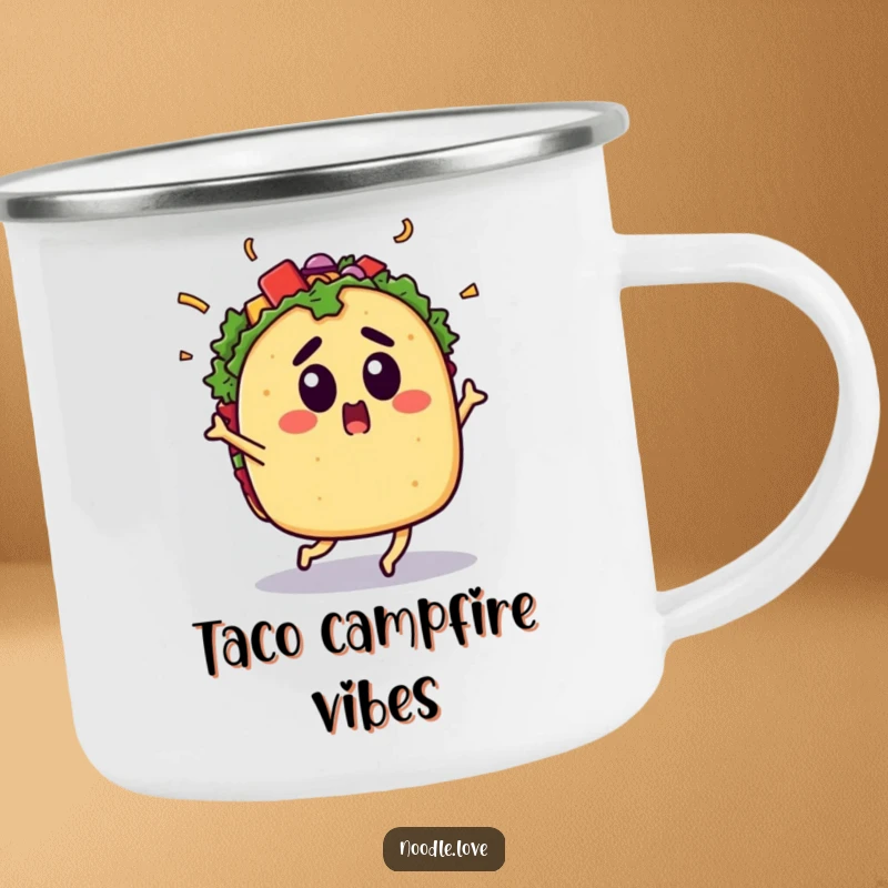 Funny Surprised Taco Camping Mug: A surprised taco dances with flying toppings, perfect for enjoying coffee with funny, fiesta vibes.