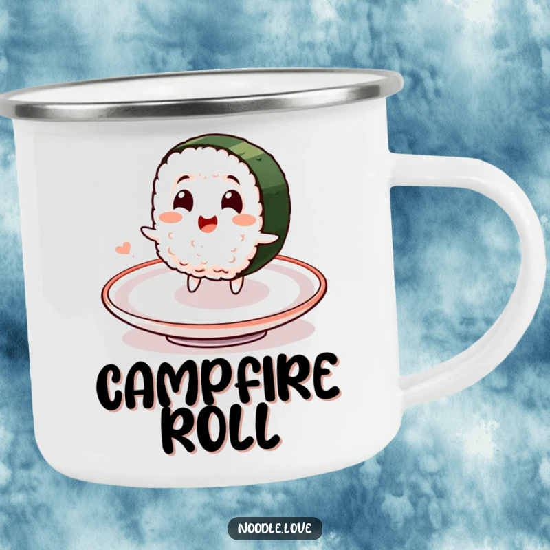 Funny camping mug with a smiling sushi character delightedly spinning on a plate, designed for outdoor enthusiasts seeking humor.