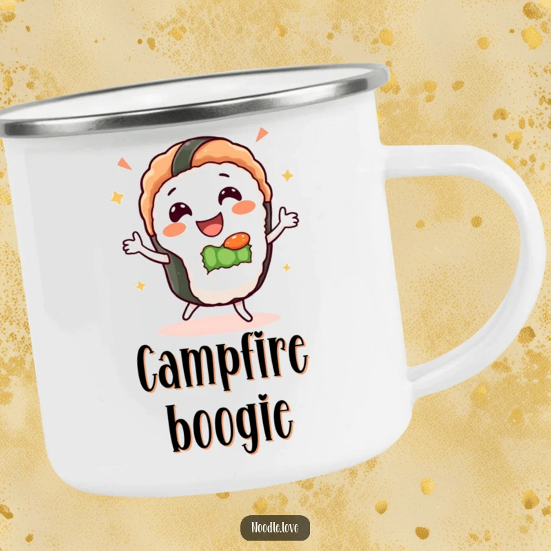 Funny Sushi Dance Camping Mug: Gleeful sushi character dances happily, durable and fun for outdoor dining and adventures.