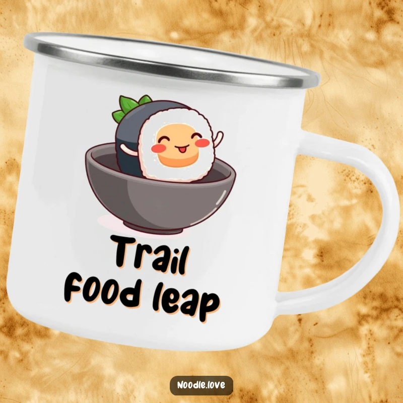 Funny sushi camping mug, a smiling sushi piece with tiny rolling legs leaping into a bowl, camping food humor.