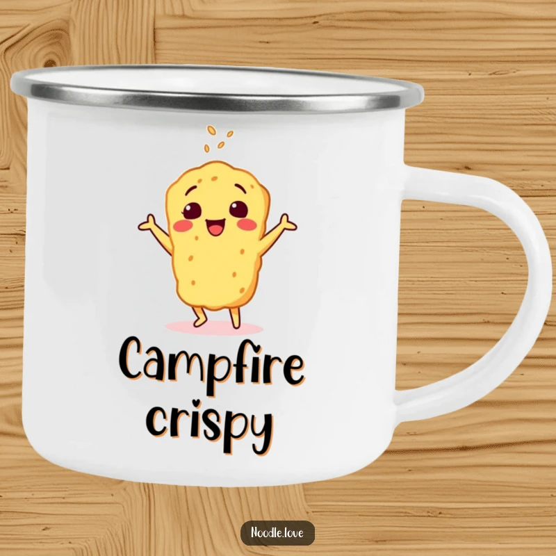 Funny camping mug with a cheerful tempura character doing a happy dance, sprinkled with sesame seeds, designed for outdoor enthusiasts seeking humor.