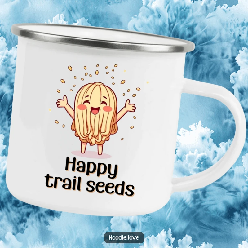 Funny camping mug featuring a joyful noodle character tossing sesame seed confetti, ideal for outdoor enjoyment and cheerful sips.