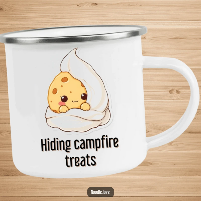 Funny Kawaii cookie character hiding behind cream, designed for a durable camping mug, ideal for enjoying sweet treats outdoors.