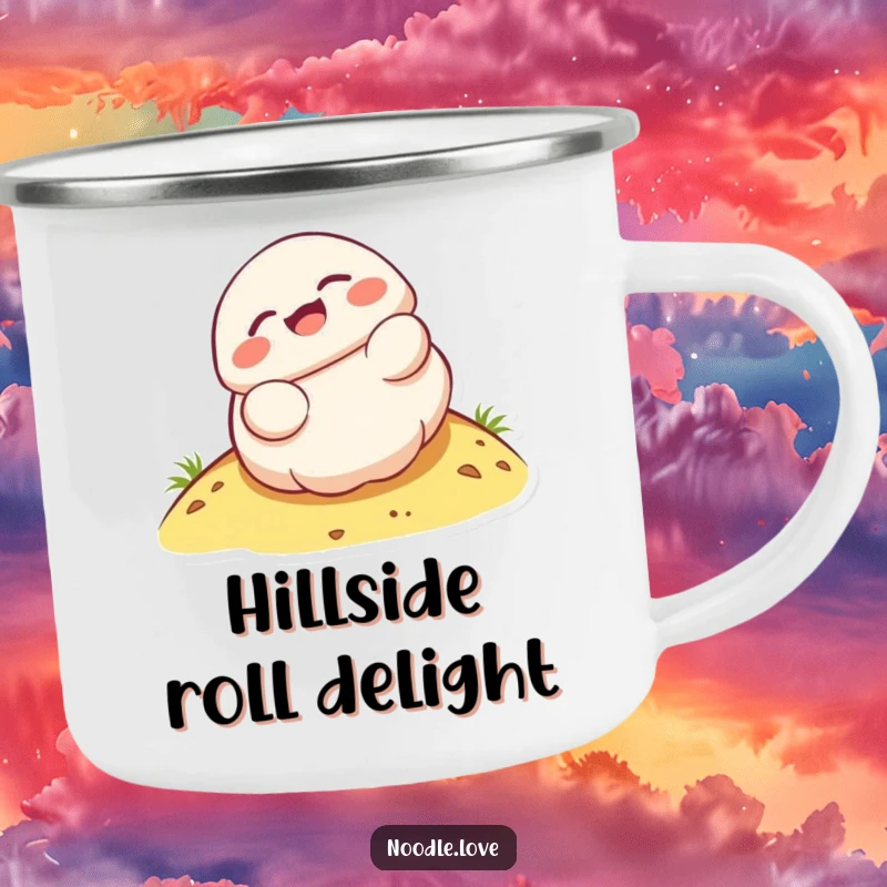 Funny Kawaii dumpling character joyfully rolling down a hill, printed on a sturdy camping mug.