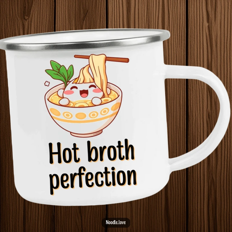 Funny Ramen Bowl Character Splashing Happily in Broth Camping Mug - Sturdy mug with a joyful ramen design, ideal for outdoors, funny gift.