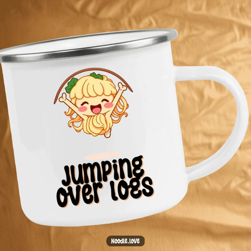 Funny noodle camping mug with a jubilant character jumping through a hoop of chopsticks, ideal for enjoying beverages during outdoor adventures.