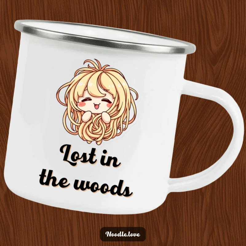 Funny camping mug featuring an amused noodle character playfully tangled in its own delicious noodle strands.