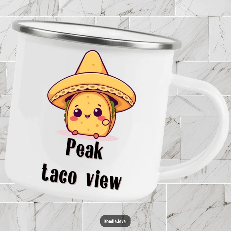 Funny Kawaii taco character curiously peeking from under a giant sombrero, printed on a sturdy camping mug.