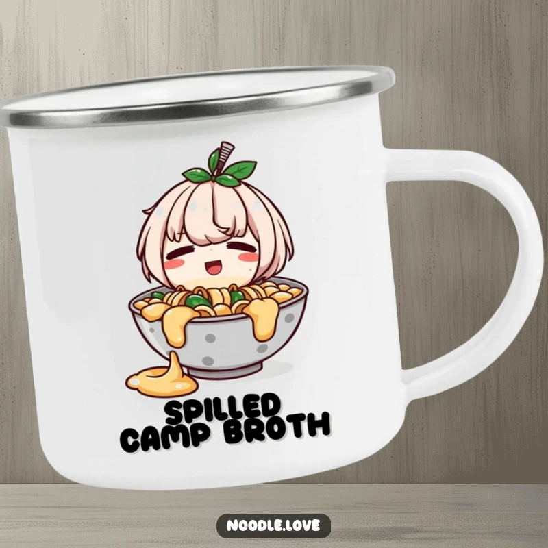 Funny camping mug featuring a ramen bowl character with a slight, happy spill, looking endearingly embarrassed, perfect for outdoor fun.