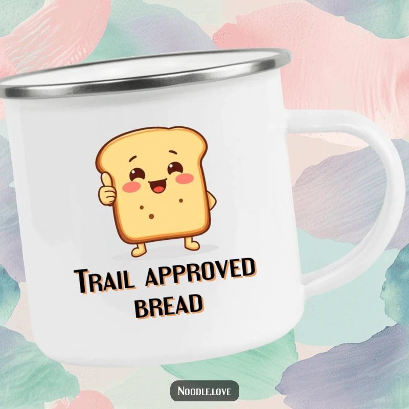 Funny thumbs-up bread camping mug featuring a happy bread loaf with tiny feet giving a crusty thumbs-up by the fire.