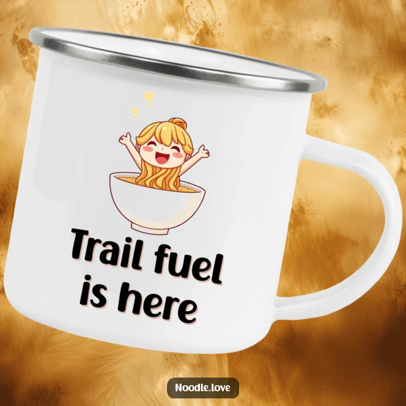 Funny smiling noodle character leaping joyfully out of a steaming bowl, outdoor adventure mug.