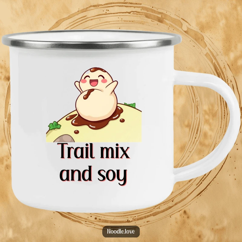 Funny dumpling camping mug with a delighted character rolling down a hill, covered in soy sauce, for outdoor beverage enjoyment.