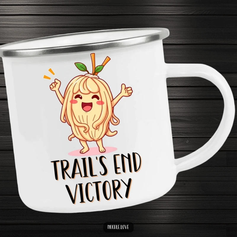 Funny Kawaii noodle character doing a victory dance, printed on a sturdy, enamel camping mug.