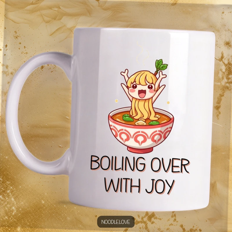 Funny mug with a cute noodle character leaping excitedly out of a steaming bowl of ramen broth, expressing pure joy and energy.