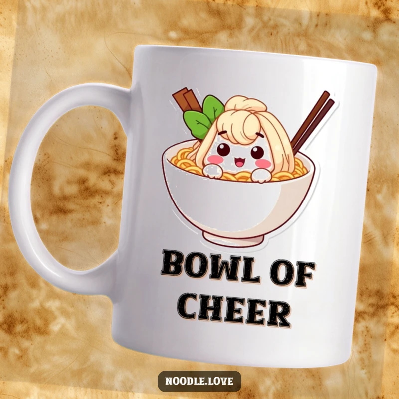 Funny ramen noodle character winking from inside a cozy bowl, a delightful and humorous mug design for noodle fans.