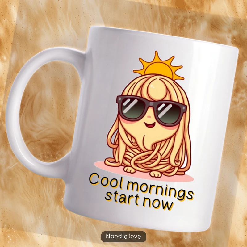 Funny happy noodle character wearing tiny sunglasses, enjoying a sunny day, cool cartoon.