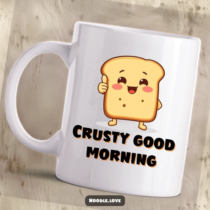 Funny bread loaf mug featuring a cheerful bread with small feet giving a positive thumbs-up with its crust.