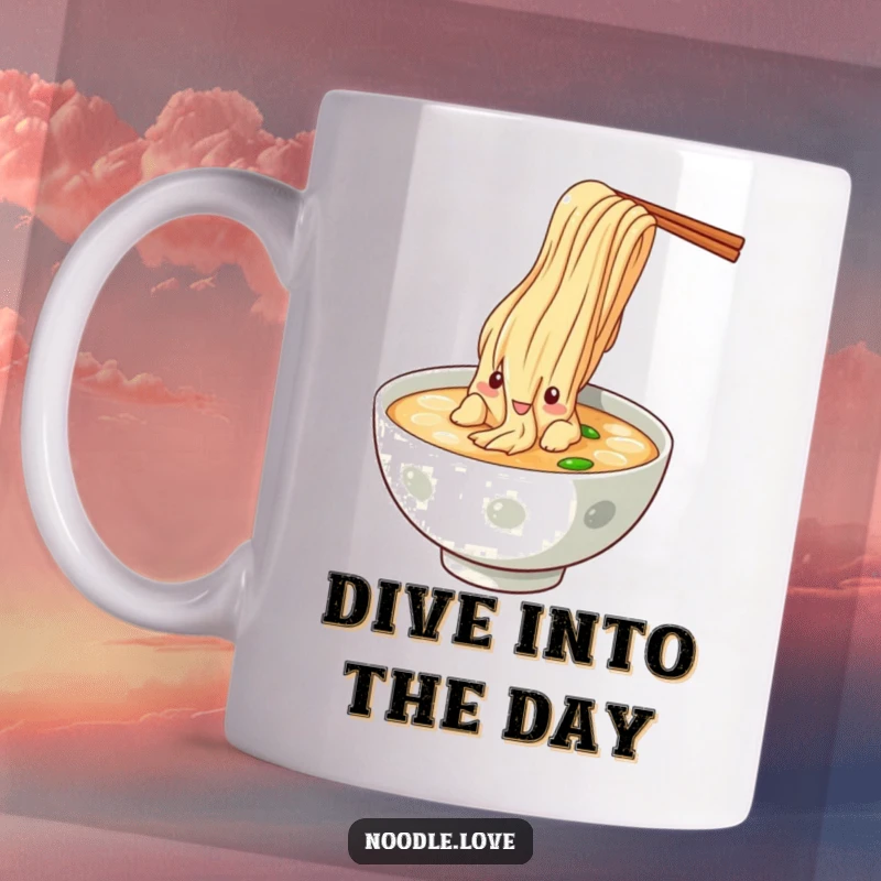Funny Noodle Dive Mug, a comical noodle character taking a dramatic plunge into a steaming bowl of broth, symbolizing pure enjoyment.