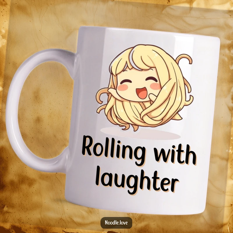 Funny mug featuring a giggling noodle character playfully tumbling with wide eyes and a joyous expression.