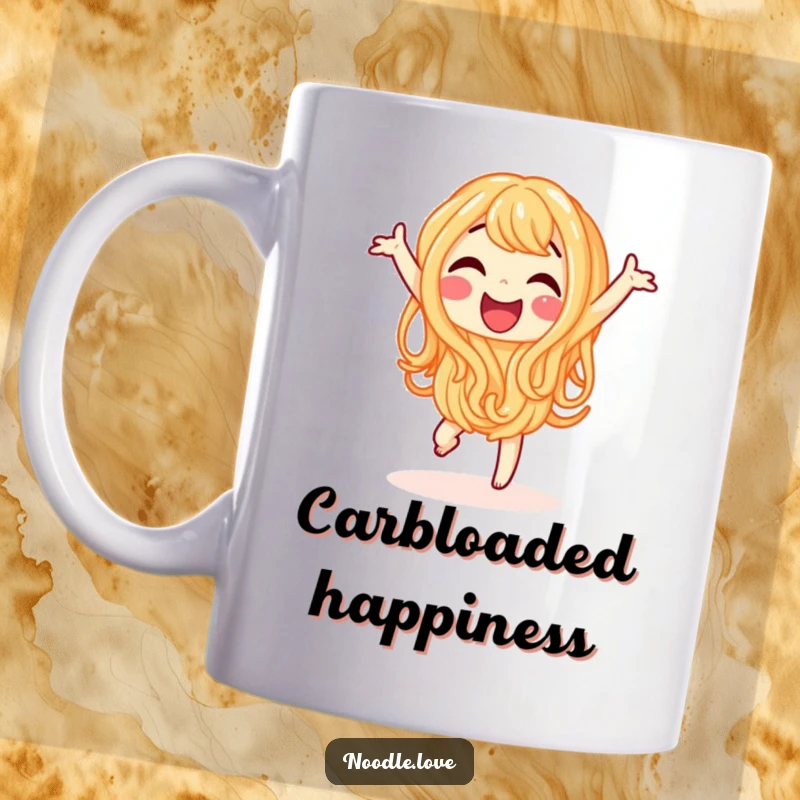Funny mug featuring a very happy, smiling noodle character doing a joyful little dance with energetic motion lines.