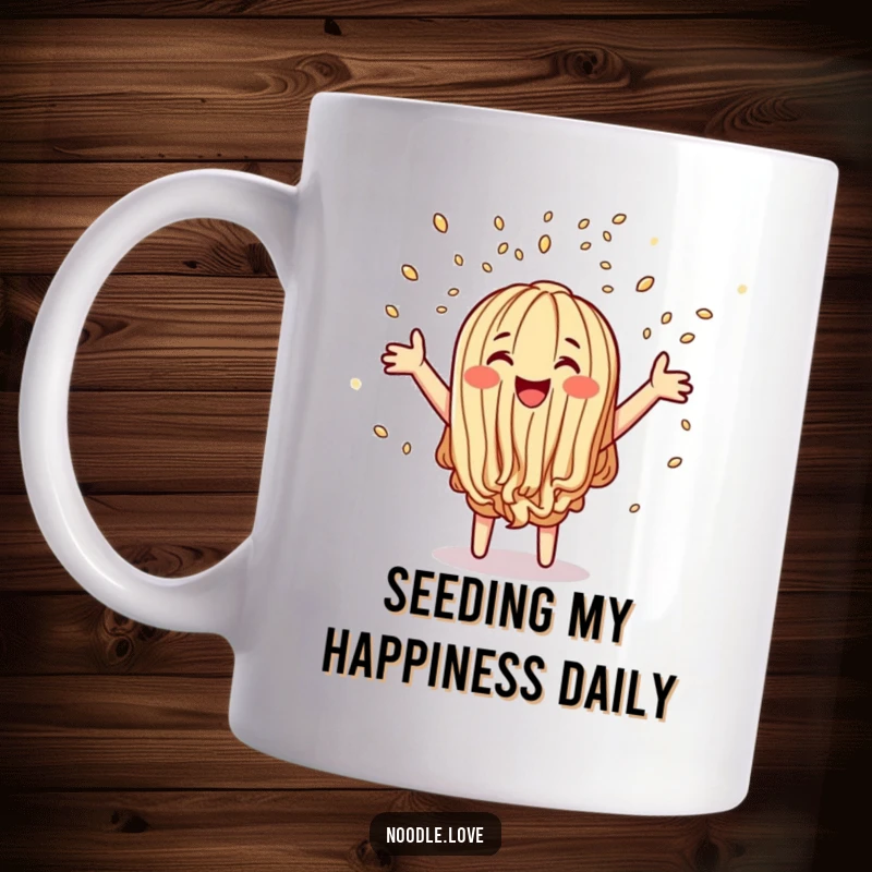 Funny mug featuring a joyful noodle character gleefully tossing sesame seed confetti, symbolizing pure, unadulterated happiness and celebration.