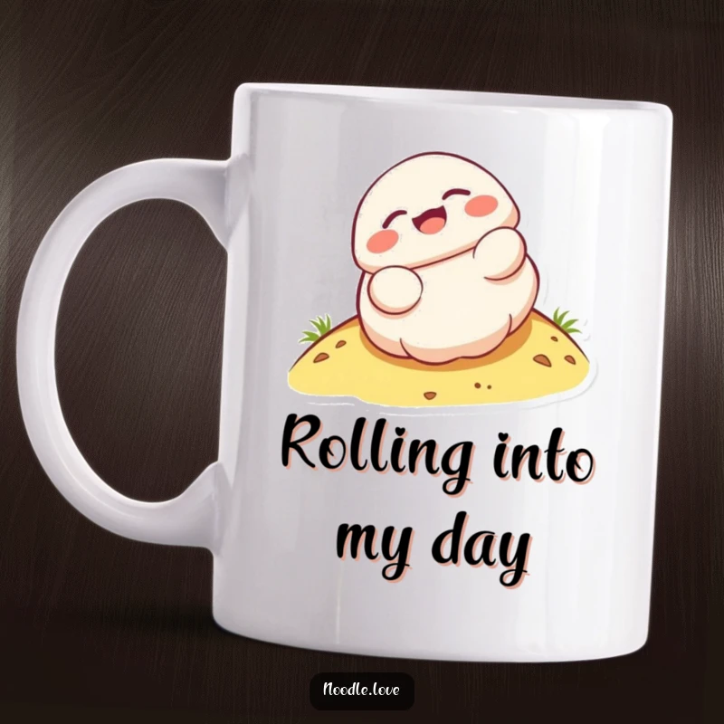 Funny Kawaii dumpling character laughing and happily rolling down a green hill, depicted on a ceramic mug.