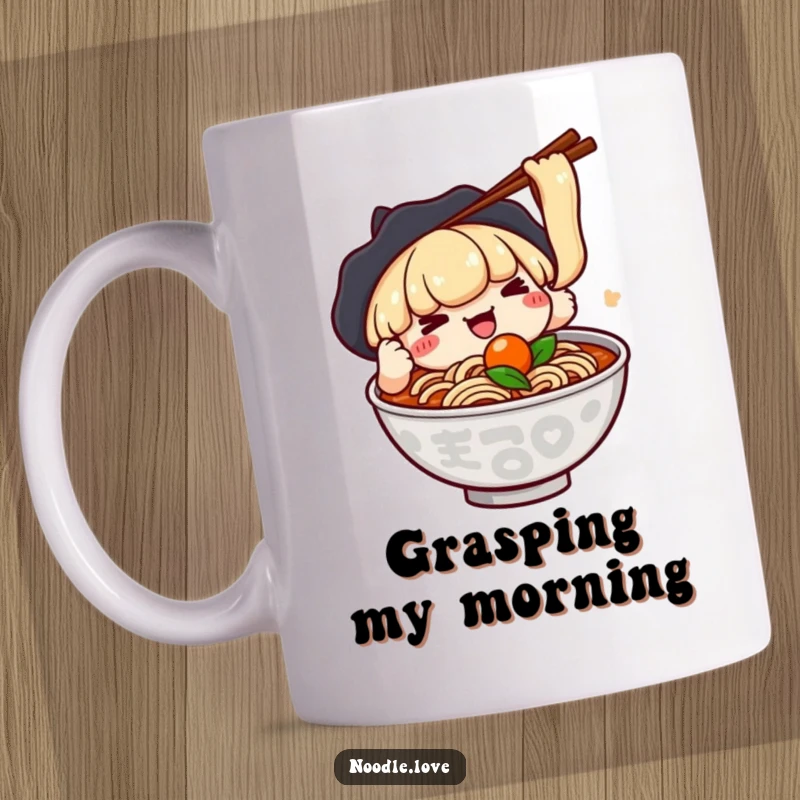 Funny kawaii ramen character mug, using chopsticks to playfully try and grab a floating ingredient, showcasing a focused yet cute determination.