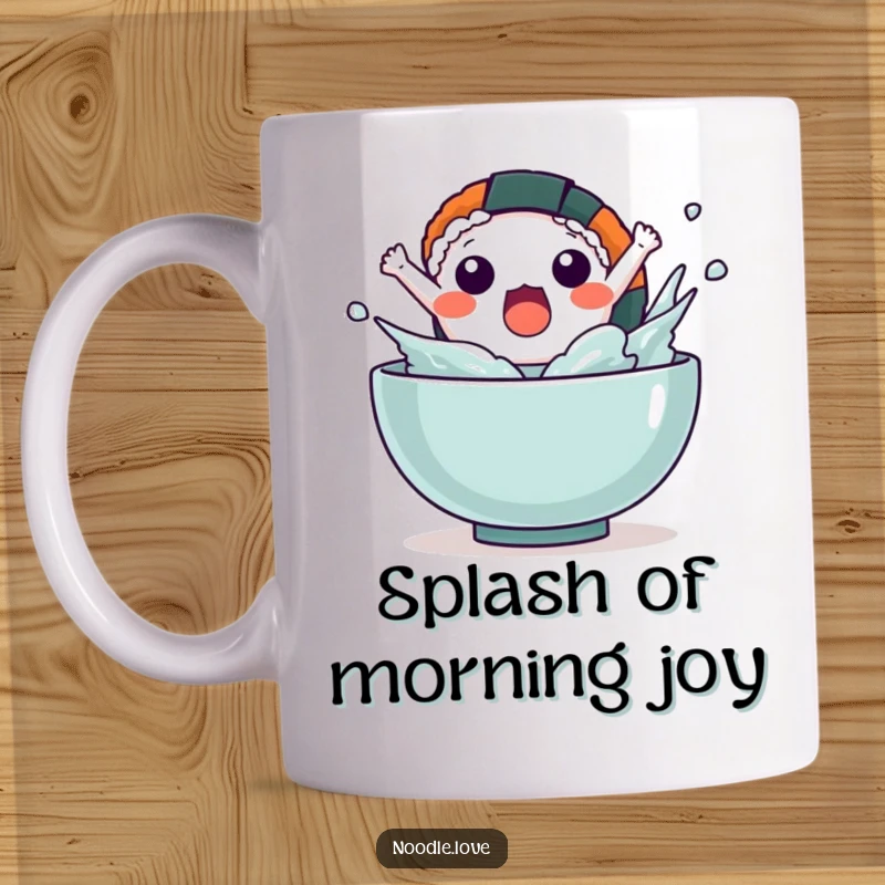 Funny Kawaii sushi character depicted mid-leap, surprised and splashing out of a bowl, on a ceramic mug.