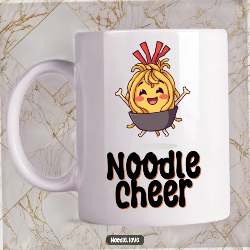 Funny Mug: A characterful fried noodle character joyfully bouncing with delight, embodying pure happiness.