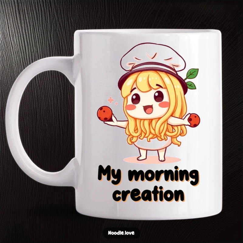 Funny Noodle Character Chef Juggling Meatballs Mug - Skilled pasta chef in action, culinary humor, perfect funny gift.