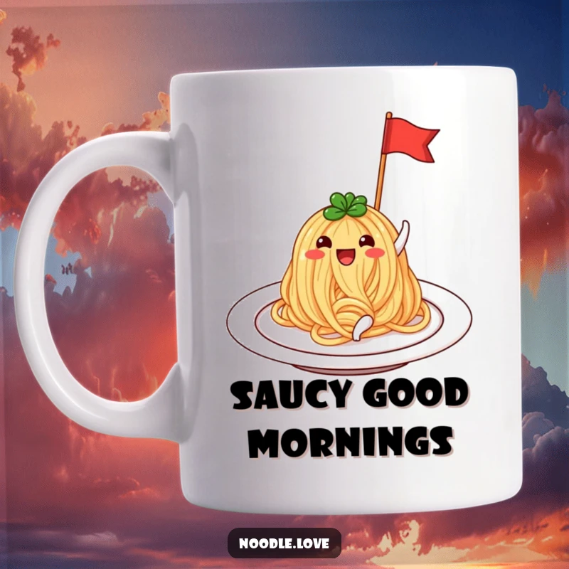 Funny Noodle Mug: A beaming noodle proudly sitting on a plate, joyfully waving a tiny flag.