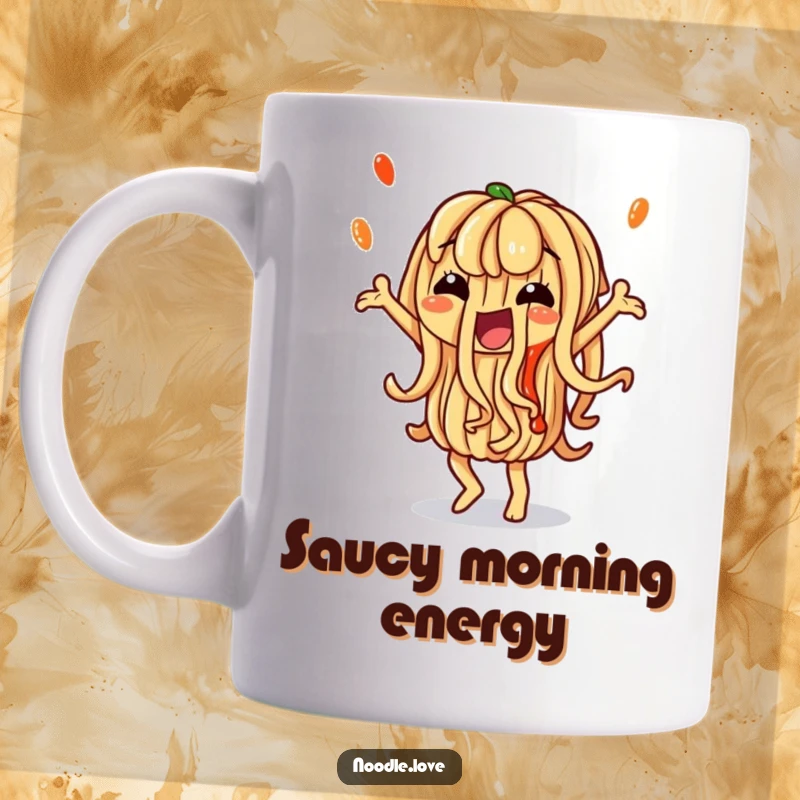 Funny Noodle Mug: A noodle character doing a silly dance with sauce artfully drizzled, embodying food fun and humor, perfect for gifts.