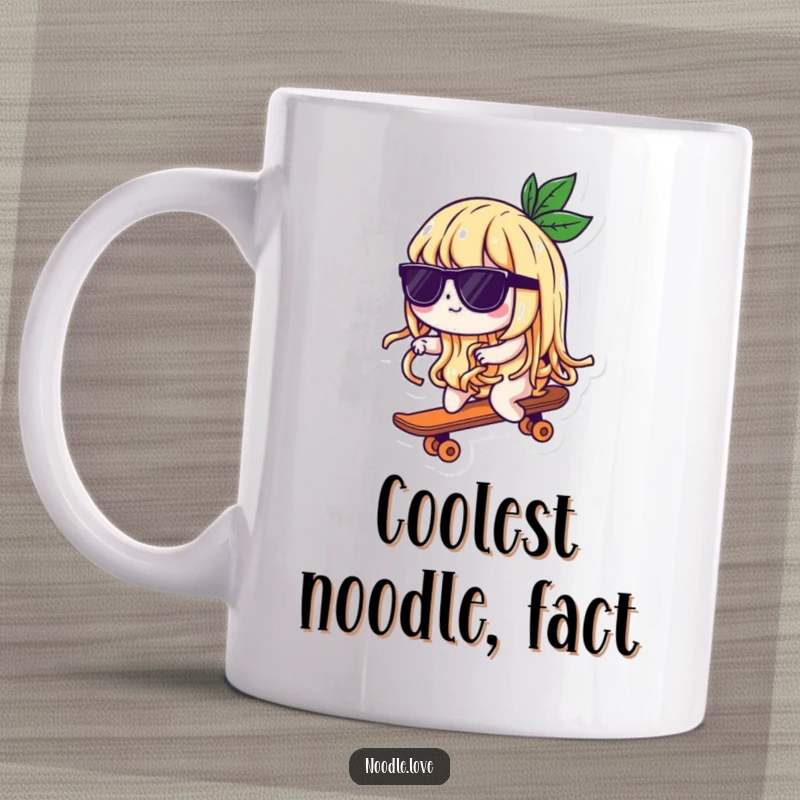 Funny mug featuring a cool noodle character in sunglasses riding a tiny skateboard with effortless style and a relaxed demeanor.
