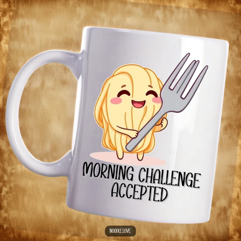 Funny Noodle vs Fork Mug, showing a cheeky noodle character playfully teasing a giant fork with a mischievous grin, ideal for food humor.