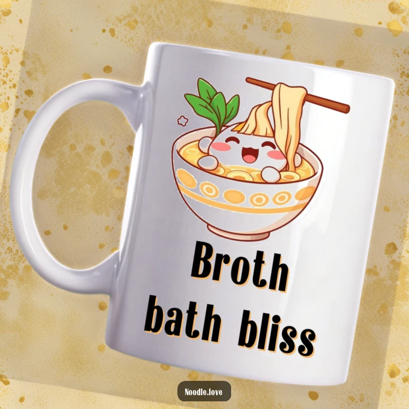 Funny Ramen Bowl Character Splashing Happily in Broth Mug - Joyful food character enjoying a bath, delightful funny gift.