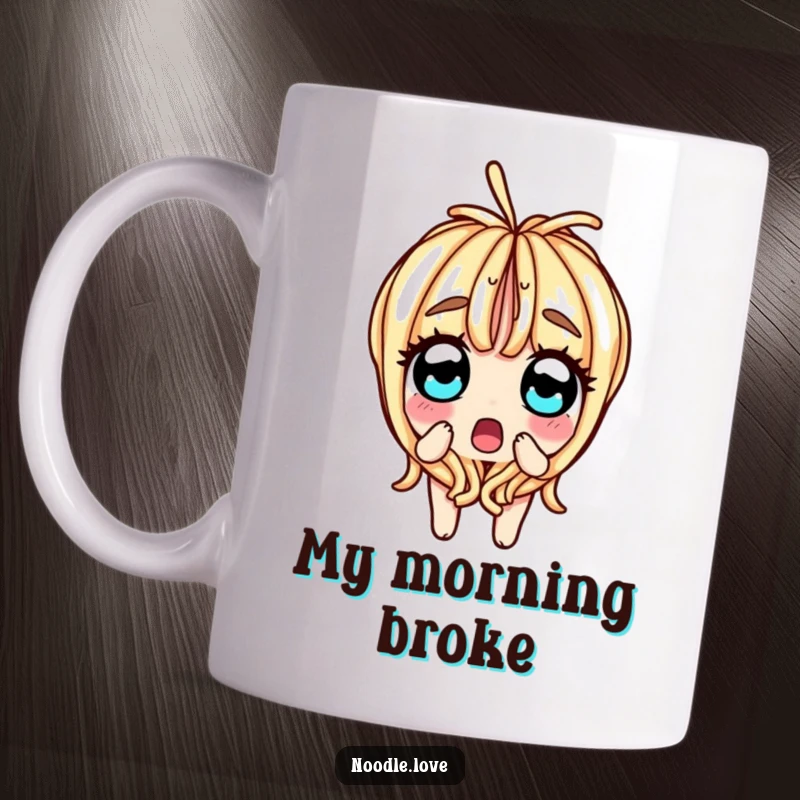 Funny mug featuring a surprised noodle character splitting in half, with wide, shocked eyes and a comically bewildered expression.