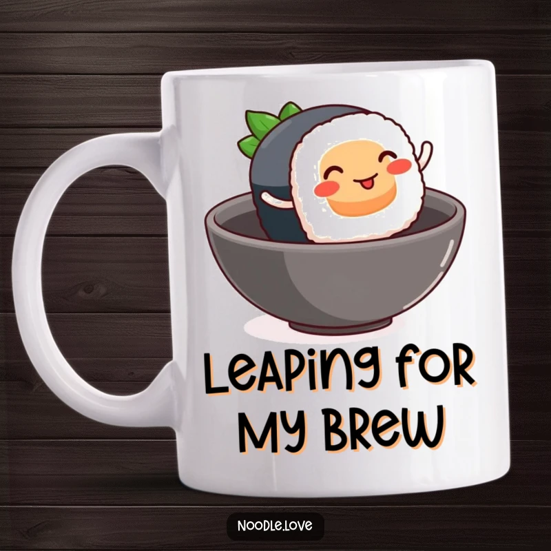 Funny sushi mug, a smiling sushi piece with tiny legs joyfully leaping into a bowl, food humor, cute gift.