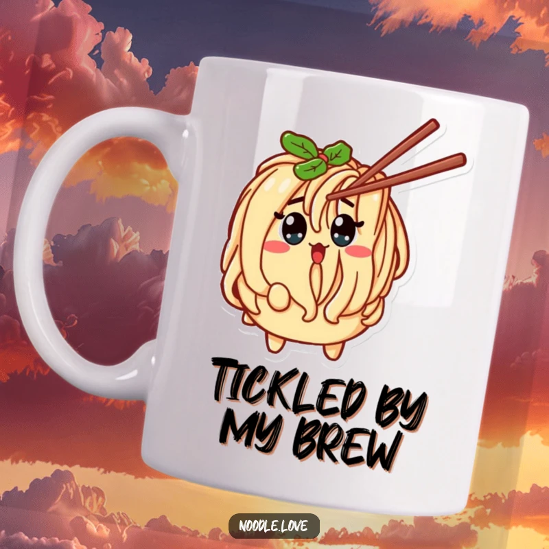 Funny Noodle Character Surprised by Tickling Chopstick Mug - Comical pasta character reaction, hilarious foodie humor, funny gift.
