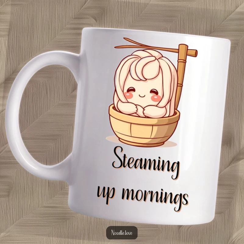 Funny udon noodle character smiling and hugging a bamboo steamer, a whimsical and charming mug design for food lovers.