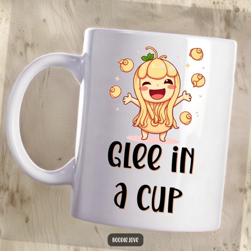 Funny mug featuring a giggling noodle character gleefully juggling multiple tiny dumplings with an ecstatic expression and energetic motion.
