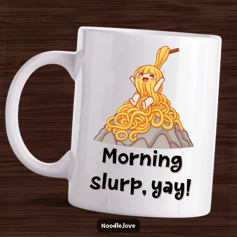 Funny mug depicting a gleeful noodle character sliding down a huge mountain made of noodles, celebrating carb-loading joyfully.
